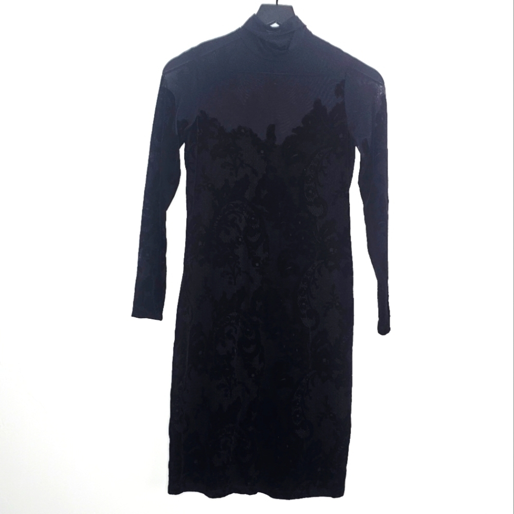 Worth New York Sheer Velvet Floral Pattern Mock Neck Black Pencil Dress Size 2